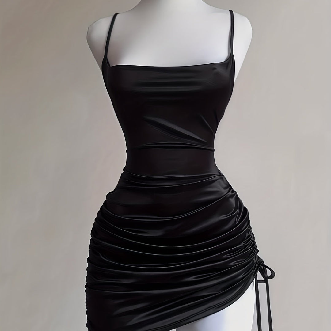 Versatile Ruched Drawstring Mini Dress, perfect for women's homecoming, parties, or formal events.