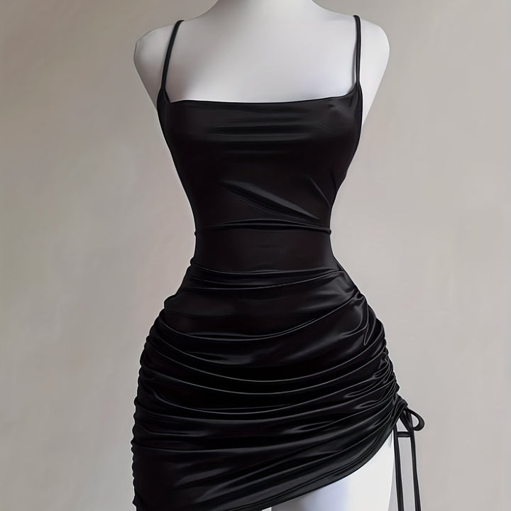 Versatile Ruched Drawstring Mini Dress, perfect for women's homecoming, parties, or formal events.