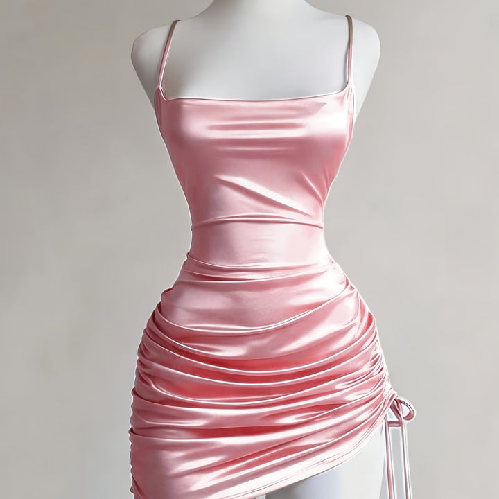 Women's Ruched Drawstring Mini Dress with square neckline, a perfect fitted homecoming party dress.