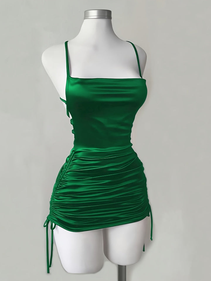 Fitted Ruched Mini Homecoming Dress with adjustable drawstring and stylish square neckline.