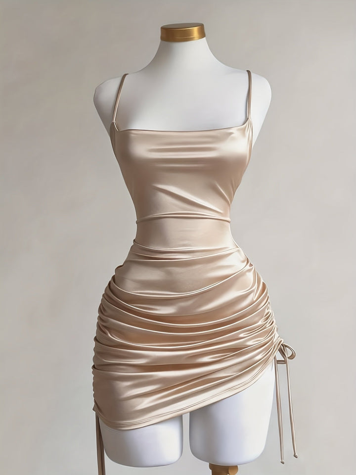 Elegant Mini Homecoming Dress for women, ruched with drawstring, ideal for parties & cocktails.