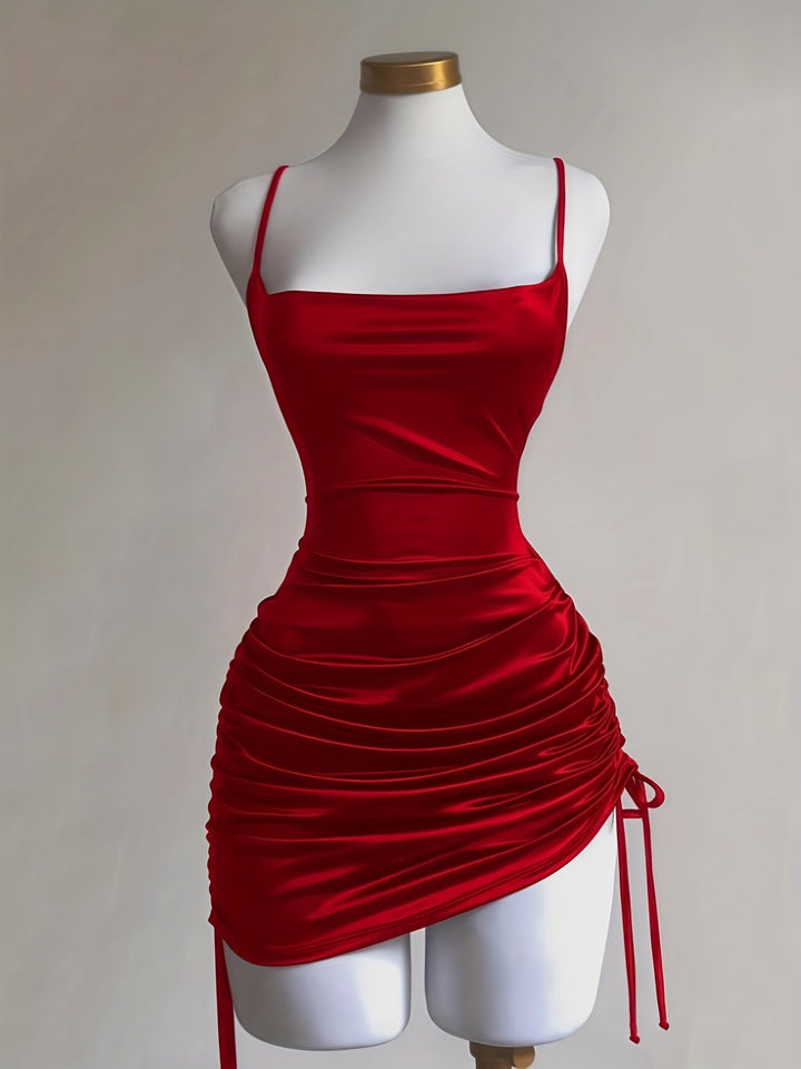 Women's Ruched Drawstring Mini Dress, a chic fitted homecoming and party outfit.