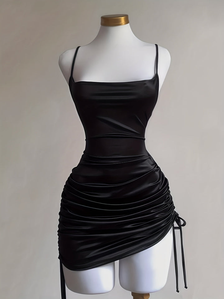 Fashionable Women's Ruched Drawstring Mini Cocktail Dress, perfect for evening events.