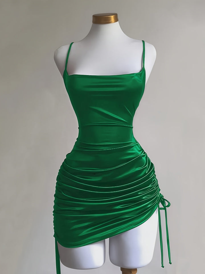 Square Neck Ruched Drawstring Mini Dress for women, elegant formal wear for homecoming.
