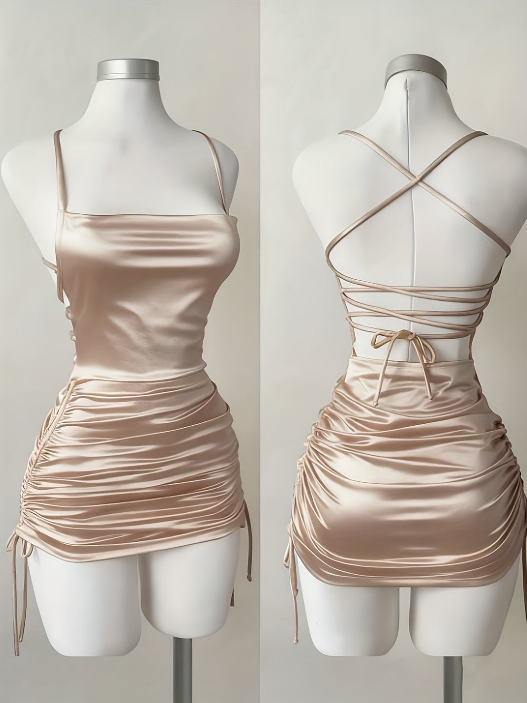 Stylish Women's Mini Party Dress, ruched with drawstring, suitable for homecoming & evenings.