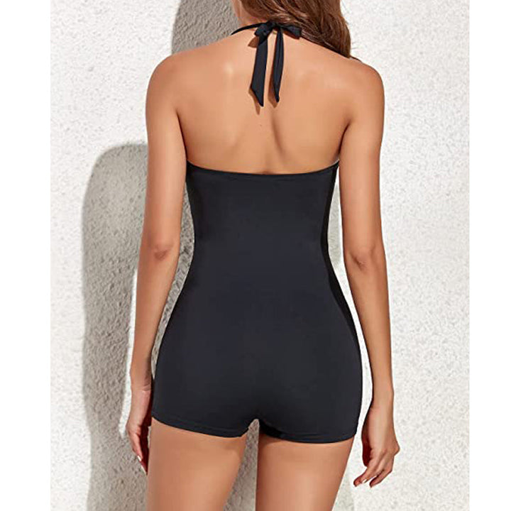 Poolside perfect women's swimwear: a modest ruched halter one-piece swimsuit with a boyleg cut.
