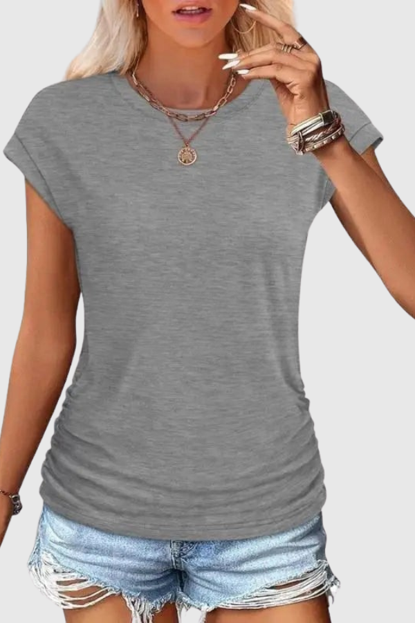 Women's ruched side casual tunic top, short ruffle sleeve, crew neck. Loose fit, comfortable for everyday wear.