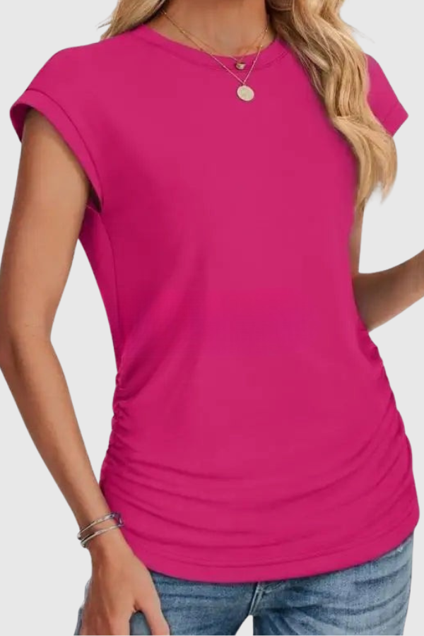 Women's stylish casual blouse, a loose fit tunic top with ruched side and comfortable short sleeves.