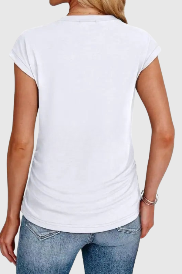 Elegant women's blouse, a casual tunic top with chic ruched side detail and comfortable short sleeves.