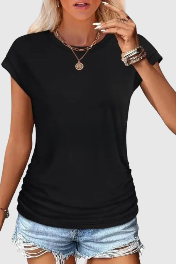 Lightweight women's tunic top, ruched side & ruffle sleeve. A stylish casual top for summer and warm weather.
