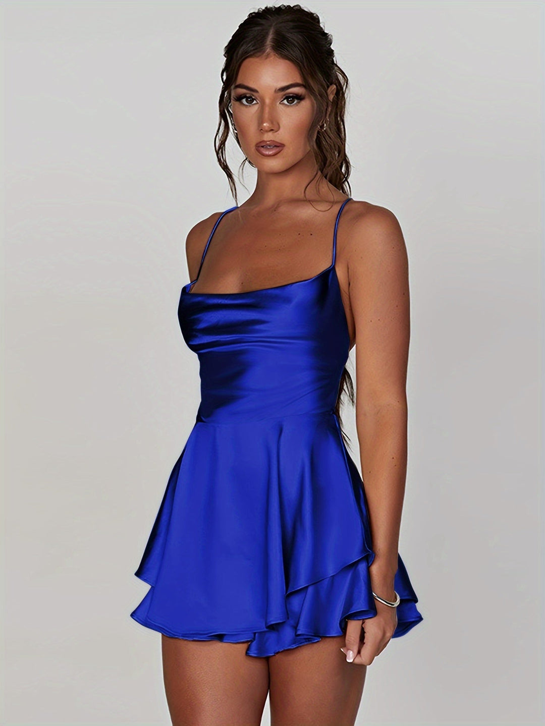 Gorgeous women's mini dress: ruched bodice, tiered skirt, perfect for homecoming or cocktail events.