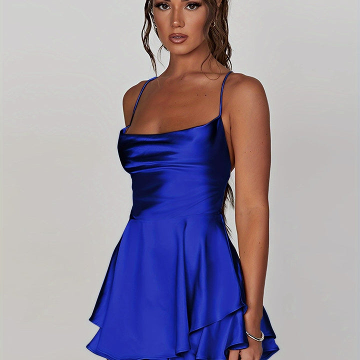 Women's homecoming & event mini dress, ruched top, tiered skirt, fit & flare, for a stylish look.