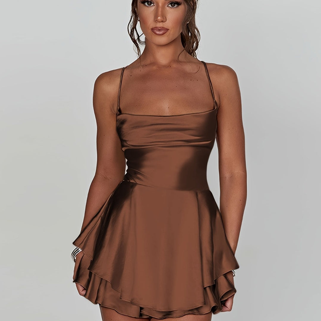 Feminine tiered mini dress with a ruched top, perfect for women's parties, events & special occasions.
