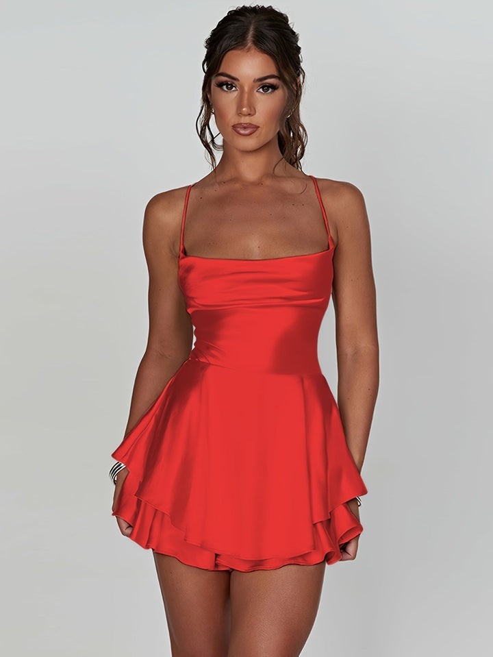 Women's fit & flare mini dress with a ruched design & tiered skirt, ideal for homecoming parties.