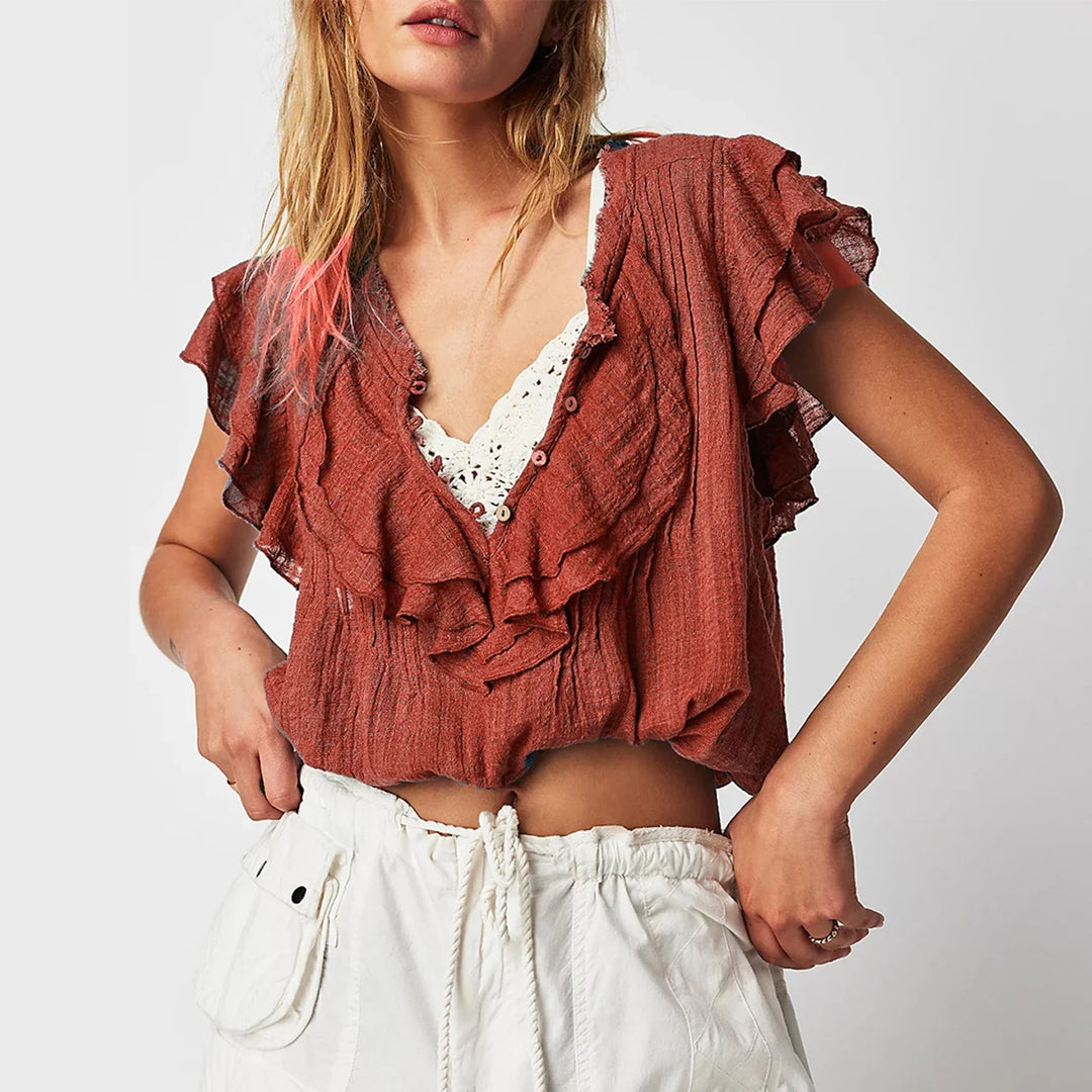 Women's ruffle front cropped top, perfect for beach & summer casual wear. Stylish and lightweight.