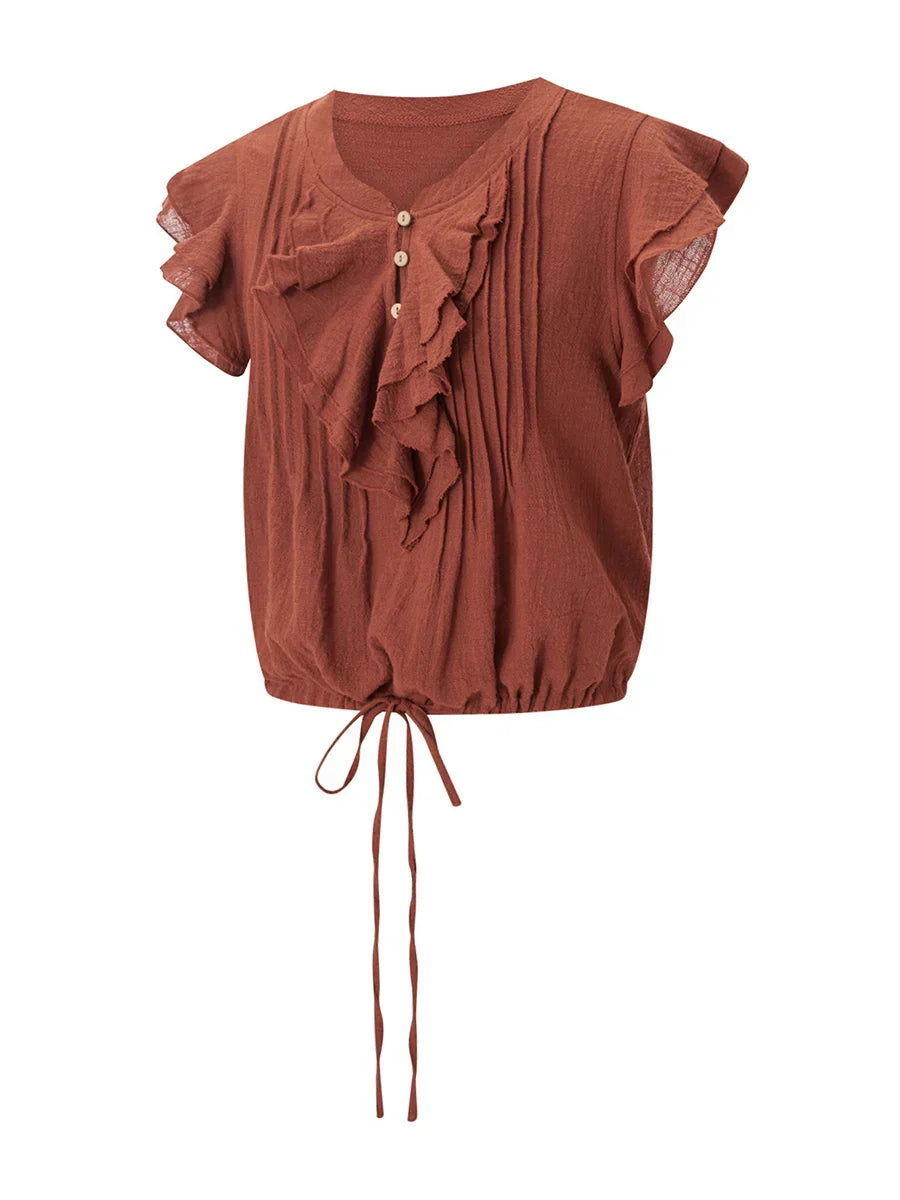 Trendy women's button-front ruffle cropped top, a fashionable summer vacation essential.