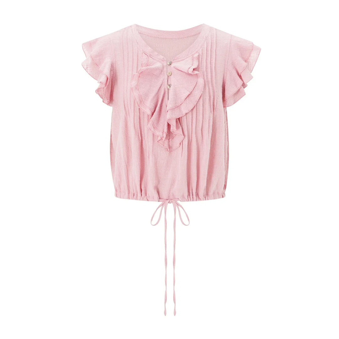 Relaxed women's short sleeve ruffle crop top, ideal for a chic and comfortable summer look.