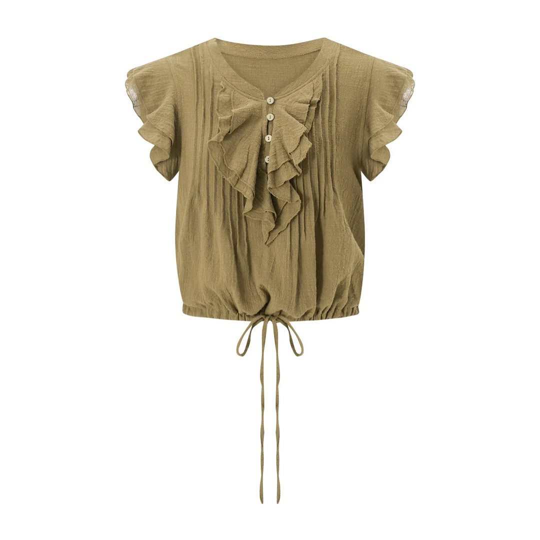 Women's button-front ruffle crop top, a versatile piece for summer casual and beach outfits.