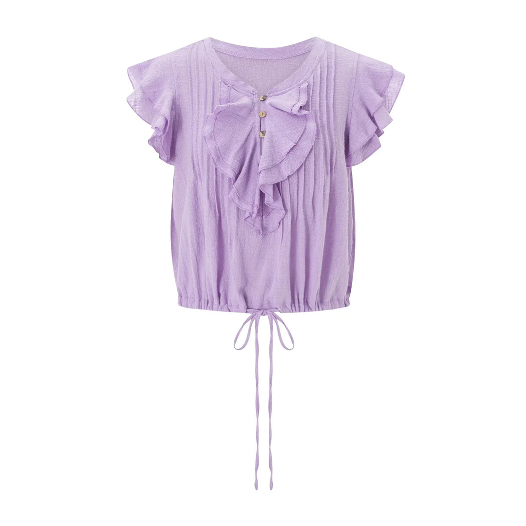 Chic women's summer ruffle front cropped top, perfect for a fashionable vacation wardrobe.