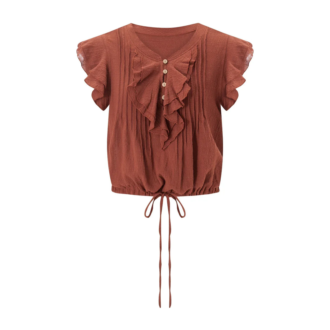Trendy women's lightweight ruffle crop top, short sleeve, ideal for beach and summer wear.