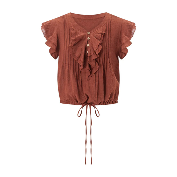 Trendy women's lightweight ruffle crop top, short sleeve, ideal for beach and summer wear.