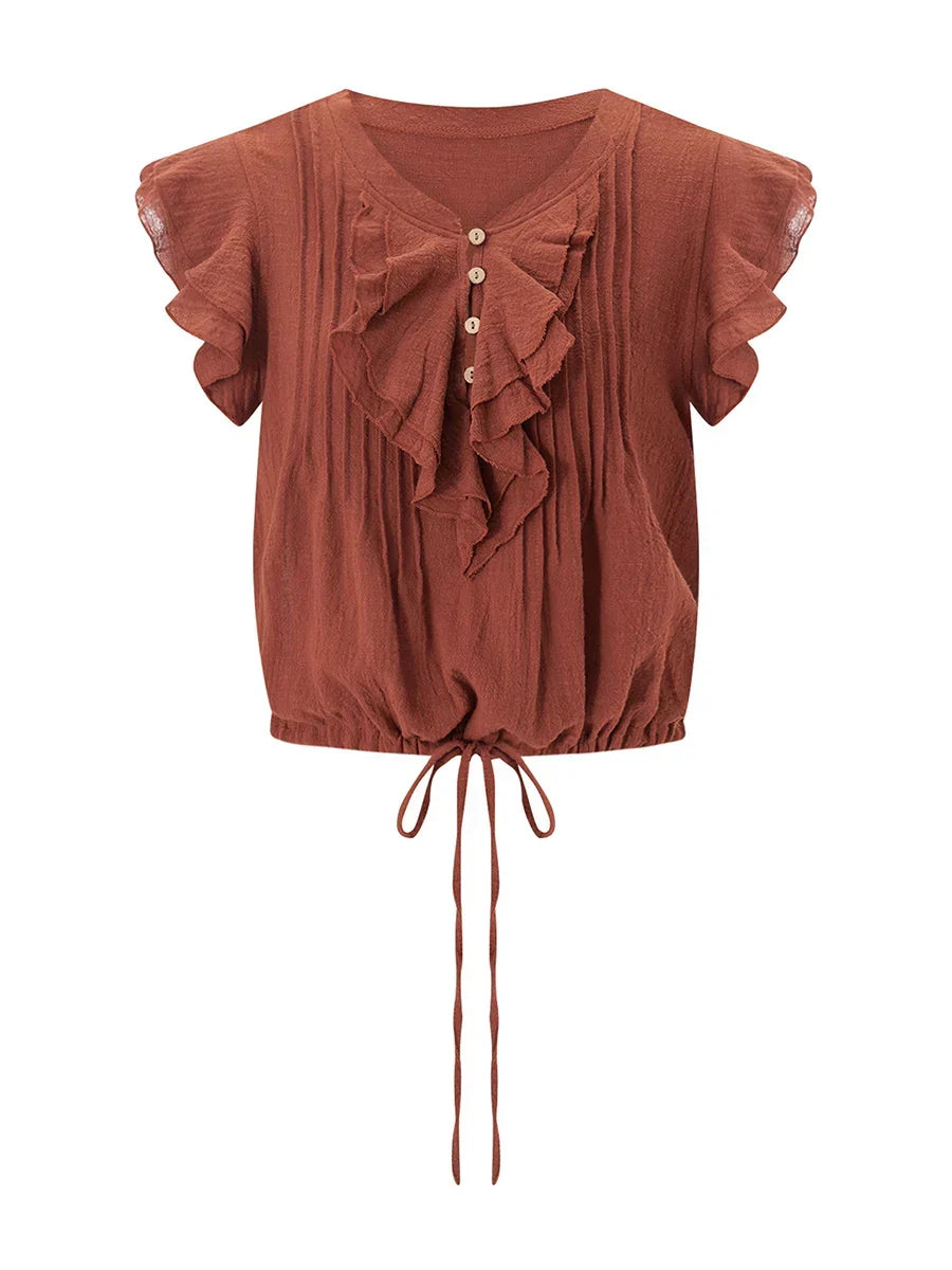 Women's relaxed fit ruffle front crop top, perfect for chic casual summer style.