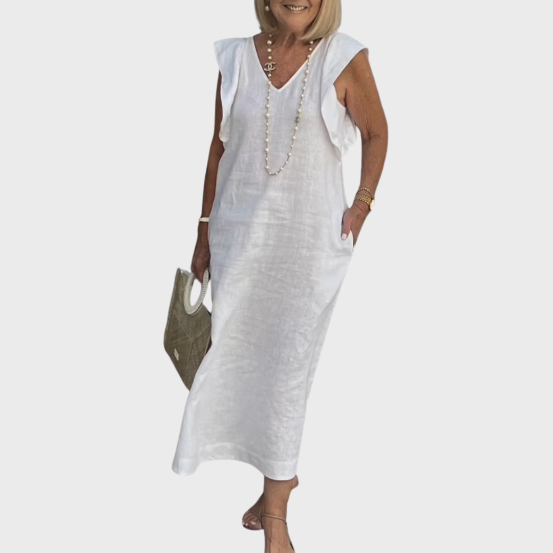 Women's ruffle shoulder V-neck sleeveless maxi dress with pockets, perfect for summer casual elegant style.
