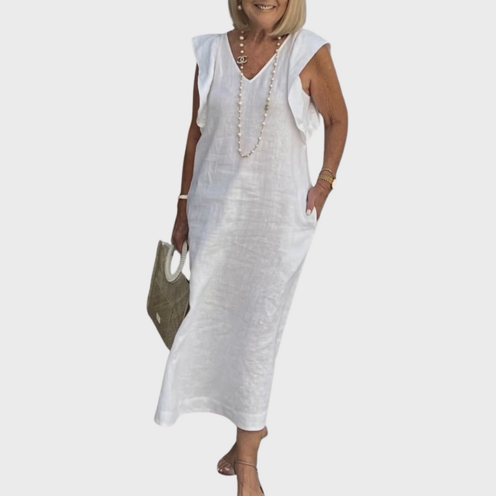 Women's ruffle shoulder V-neck sleeveless maxi dress with pockets, perfect for summer casual elegant style.