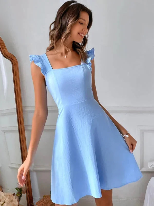 Casual women's mini dress: comfy A-line, stylish ruffle straps, and a cute bow back for daily wear.