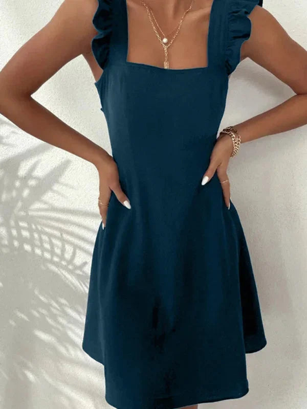 Chic square neck, ruffle strap A-line mini dress for women, perfect with its elegant bow back.