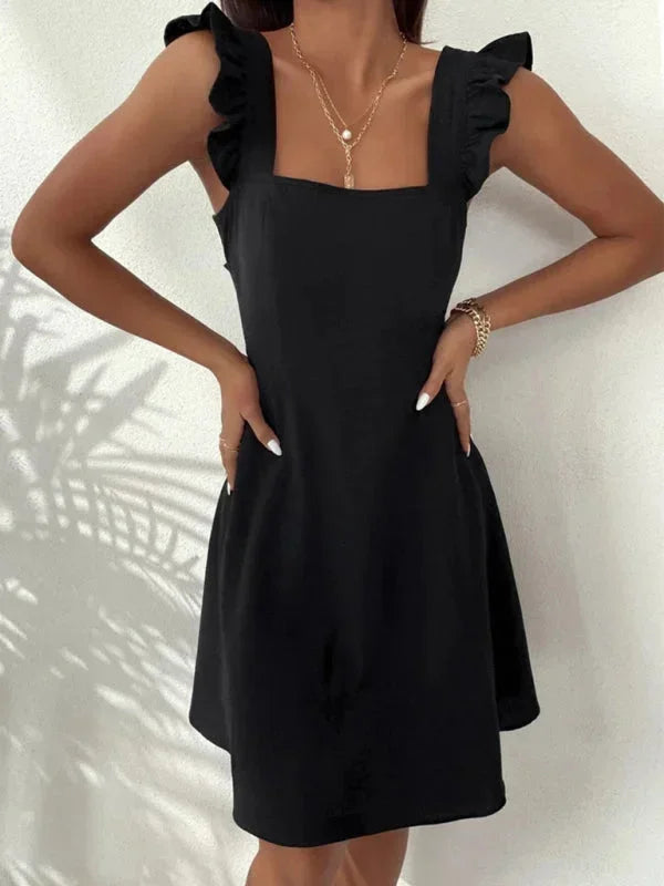 Ruffle strap A-line mini dress for women, featuring a flattering square neck and a charming back bow.