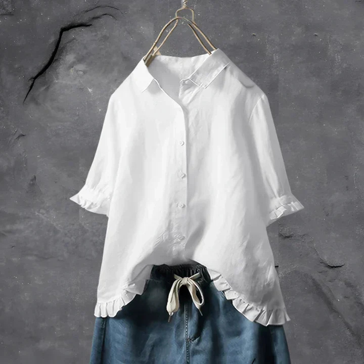 Women's ruffle-trim button-down shirt in a relaxed fit, perfect for casual summer or spring fashion.