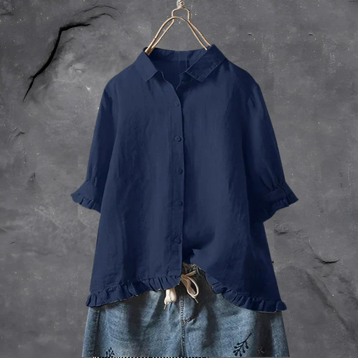 Versatile women's ruffle button-down shirt, a chic casual blouse for everyday wear or work; spring/summer style.