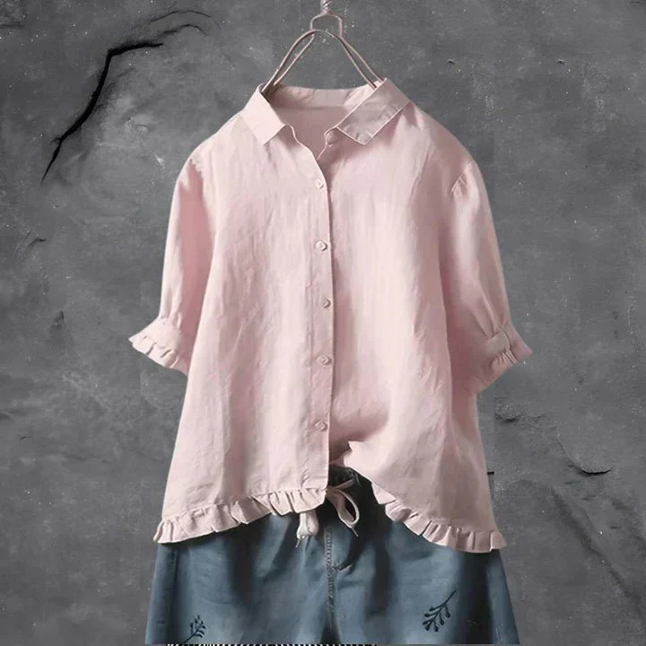 Effortless chic women's ruffle button-down shirt. Stylish casual blouse for spring fashion, relaxed fit top.