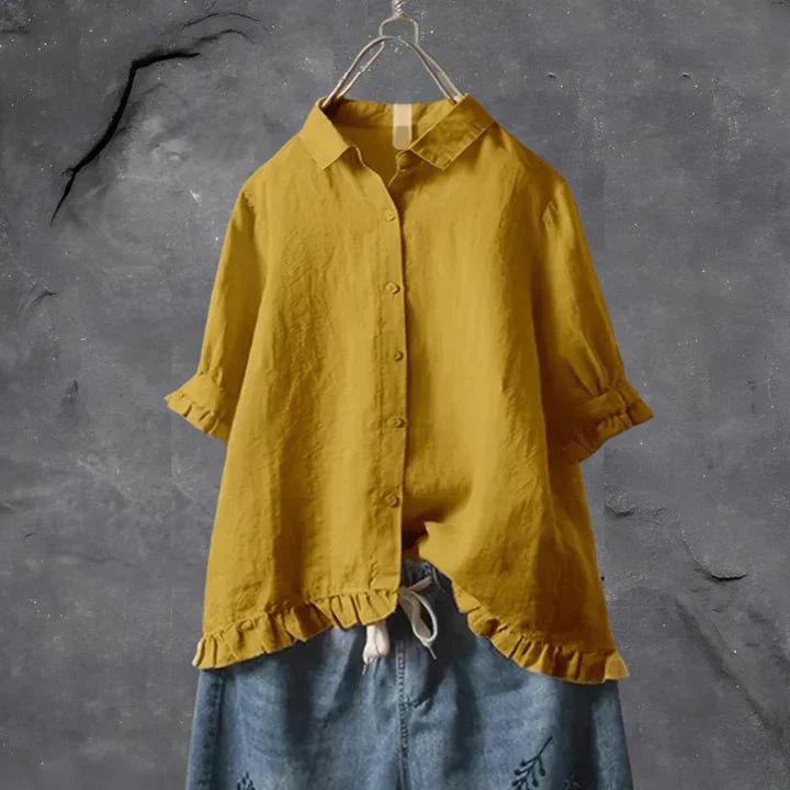 Stylish women's ruffle button-down shirt, a versatile casual blouse. Perfect everyday summer top for effortless style.