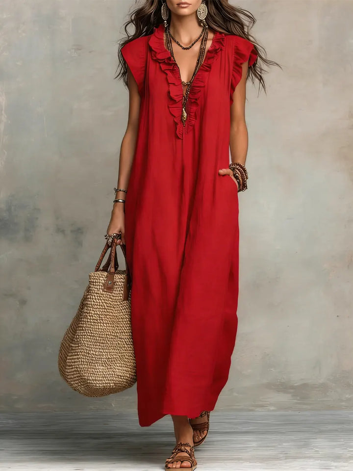 Elegant women's V-neck ruffle flutter sleeve maxi dress, a versatile choice for casual or vacation wear.