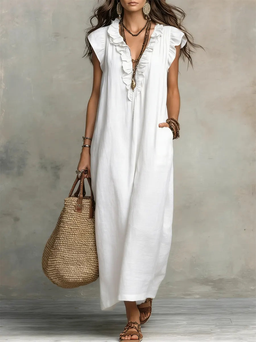 Versatile women's summer maxi dress with a stylish ruffle V-neck, flutter sleeves, and convenient pockets.