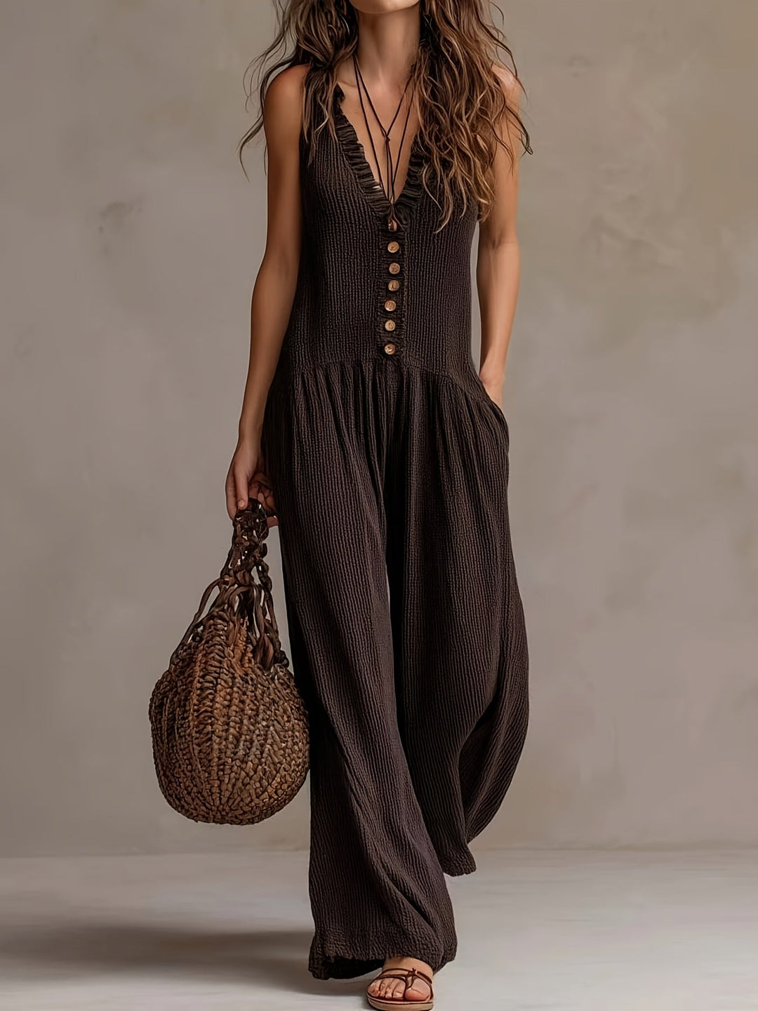 Bohemian women's wide leg jumpsuit with V-neck, ruffle trim, and smocked waist.