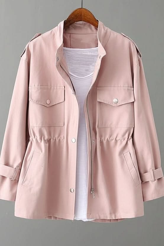 Stylish women's utility jacket featuring a unique open back design, perfect for modern street style & versatile layering.