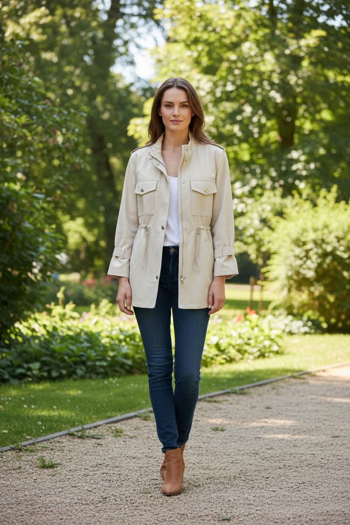 Rugged women's utility jacket for modern style. Durable outerwear with an open back, ideal for casual chic fashion.