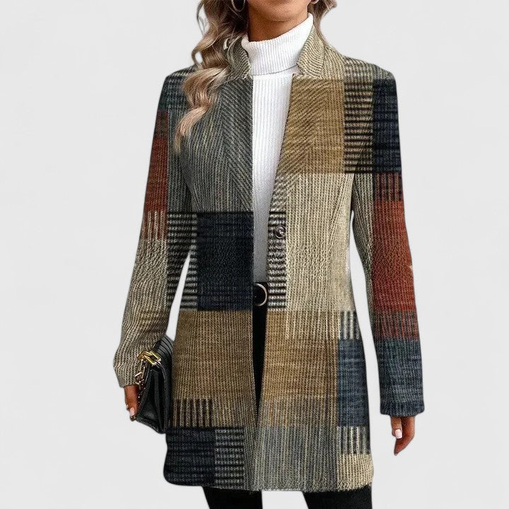 Elegant women's plaid longline blazer. Versatile multi-color outerwear for stylish fall & winter fashion.