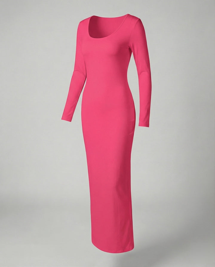 Flattering women's scoop neck long sleeve bodycon maxi dress. Fitted for versatile style, all seasons.