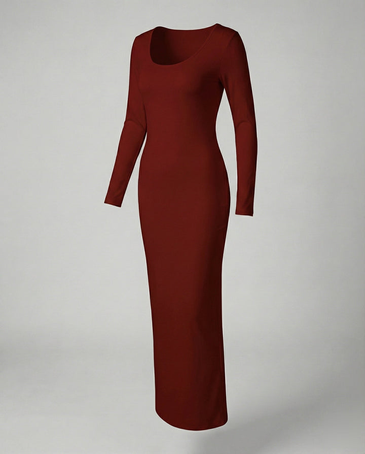 Everyday elegant women's scoop neck long sleeve bodycon maxi dress. Versatile casual to evening wear.