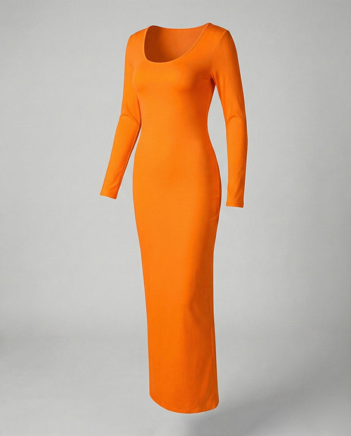 Modern women's scoop neck long sleeve bodycon maxi dress. Elegant, versatile, and comfortable fitted style.