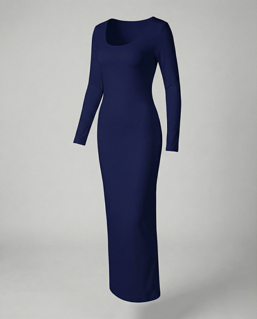 Chic women's bodycon maxi dress with a scoop neck and long sleeves. A fitted, elegant spring dress.