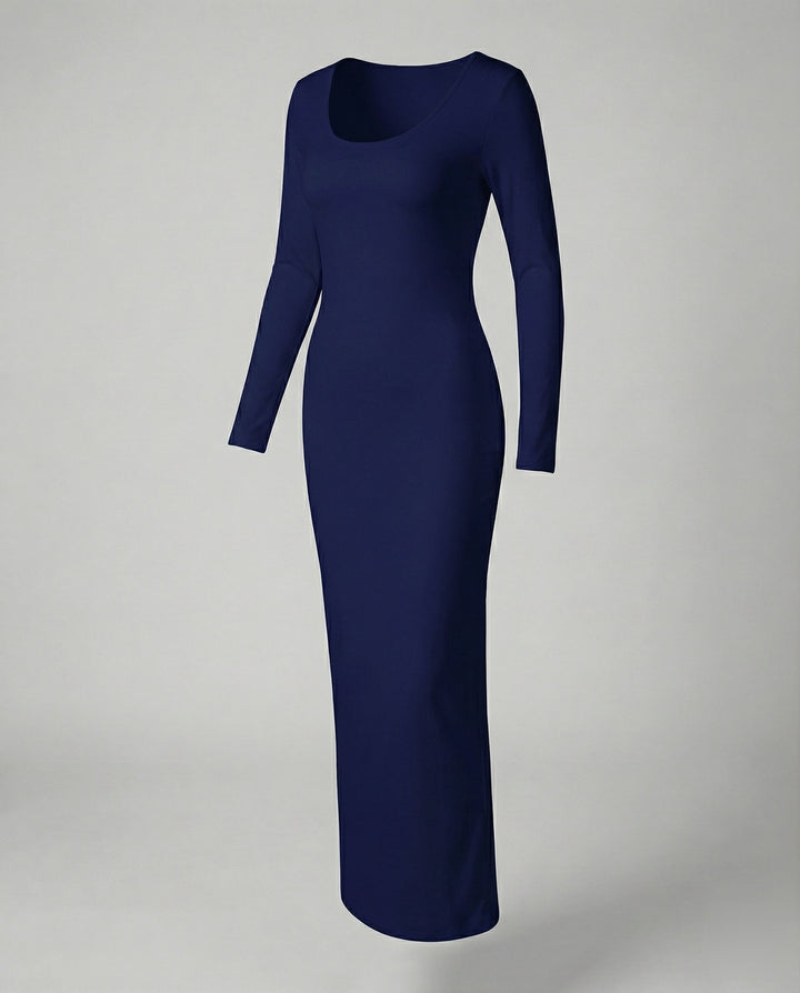 Chic women's bodycon maxi dress with a scoop neck and long sleeves. A fitted, elegant spring dress.