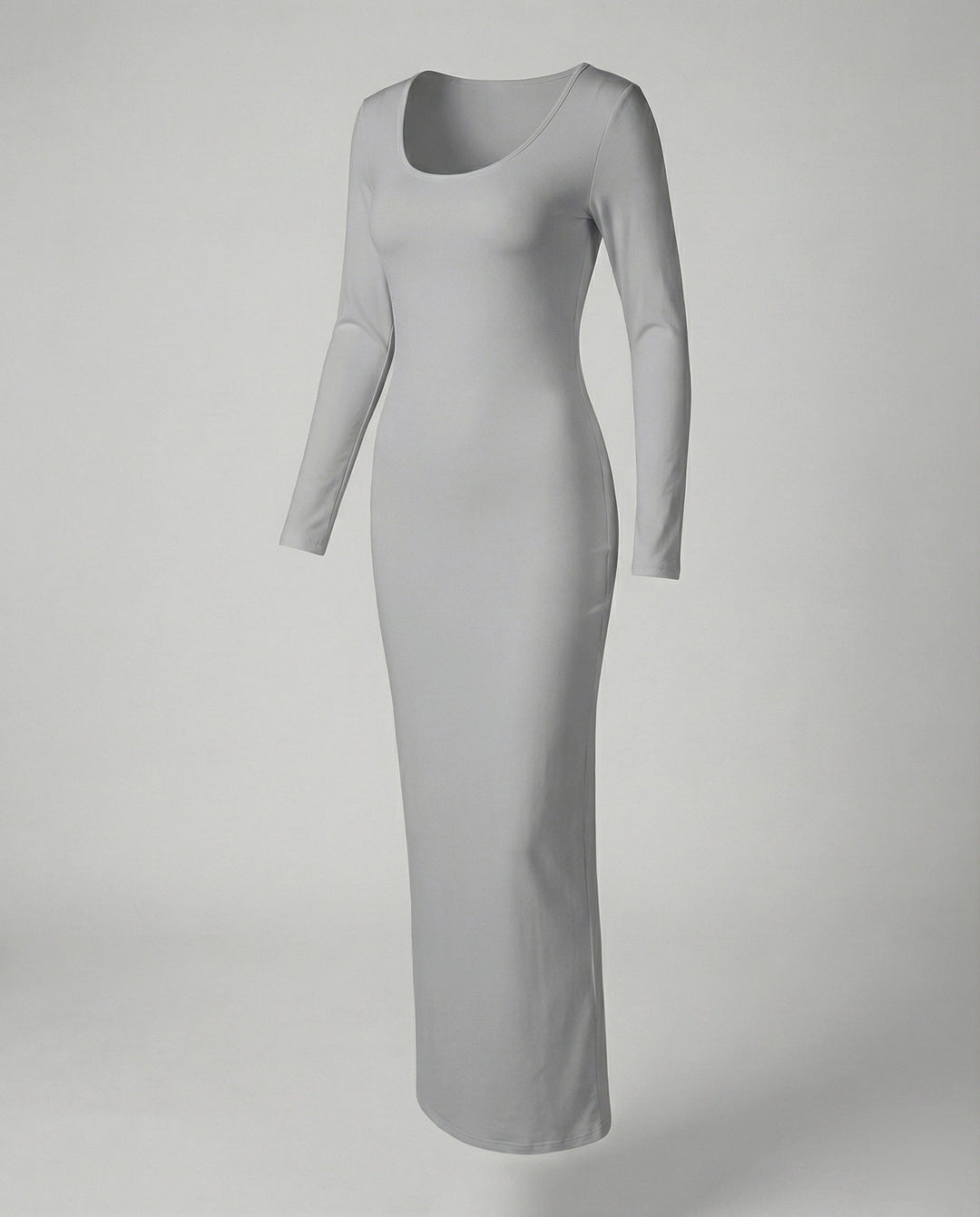 Sophisticated women's long sleeve scoop neck maxi dress. Bodycon fit, perfect for casual or evening.