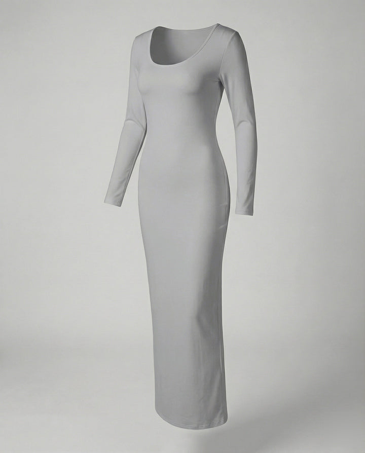 Sophisticated women's long sleeve scoop neck maxi dress. Bodycon fit, perfect for casual or evening.