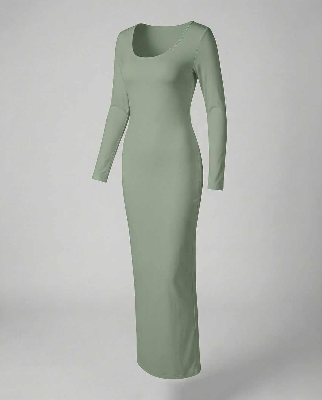 Classic women's scoop neck long sleeve bodycon maxi dress. Fitted elegance, versatile all seasons fashion.