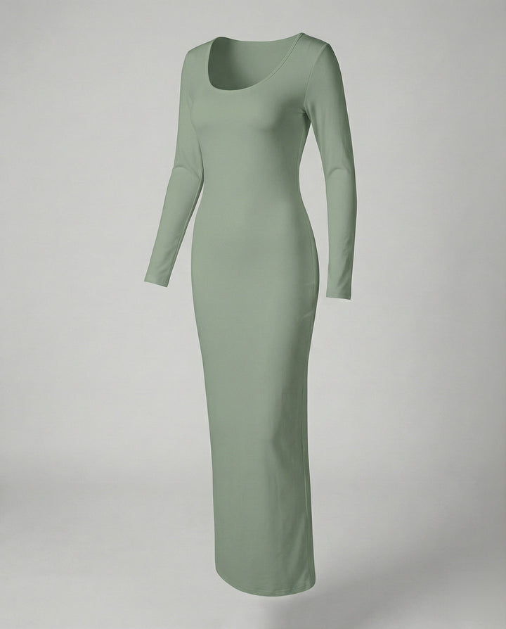 Classic women's scoop neck long sleeve bodycon maxi dress. Fitted elegance, versatile all seasons fashion.